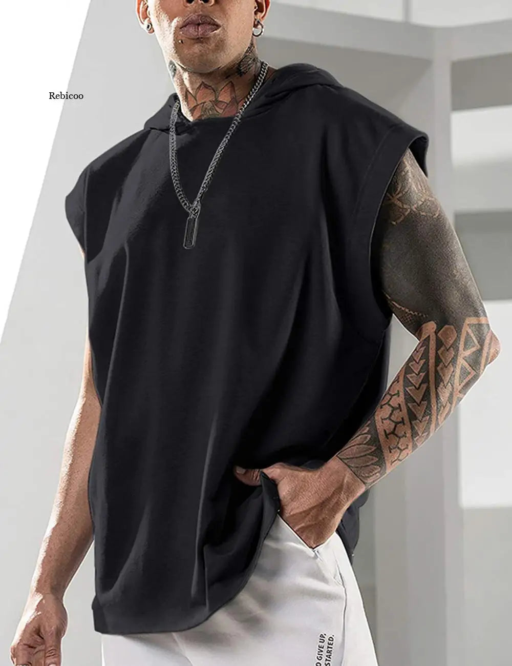 Mens Sleeveless Hooded Tank Tops Summer Gym Stringer Bodybuilding Fitness Sport Workout Singlet Loose Vest Hoodie Tank Top